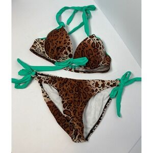 Womens Leopard Print Bikini Set Mint Green Trim Push Up Halter Top Size M NWOT